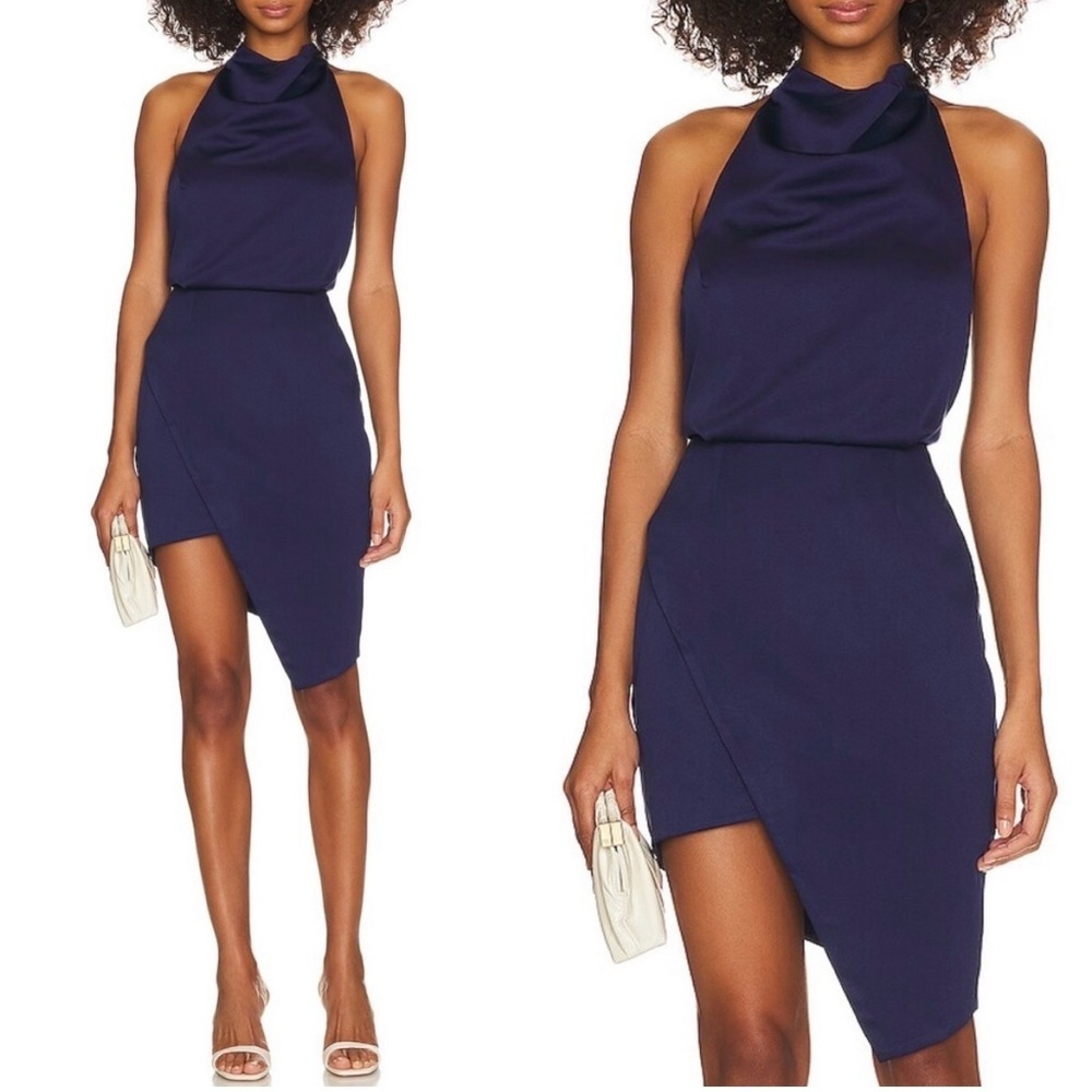 ELLIATT Camo Asymmetrical Satin Halter Dress in Navy Size Medium